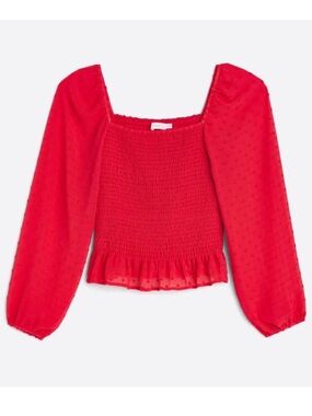 LUSH Red Smocked Square-Neck Long-Sleeve Top